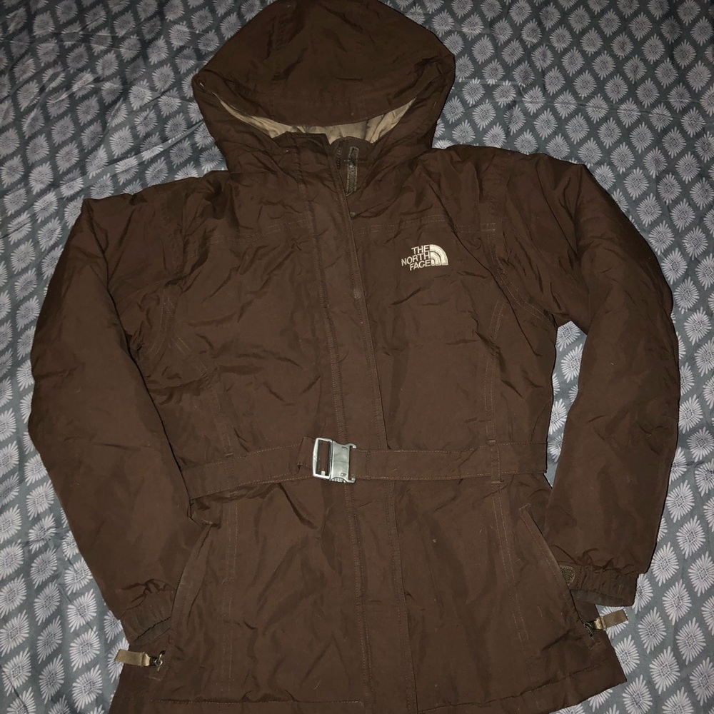Brown North Face coat with hood and belt (GIRLS)